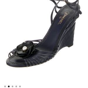 CHANEL Navy/ Black Wedge Sandals with High Heel and Strappy Design Sz 40